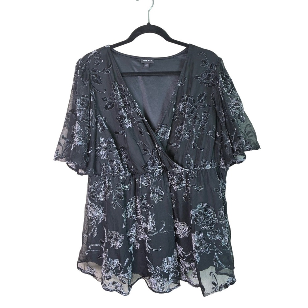 TORRID 2X Black Grey Burnout Velvet Baby Doll Blouse Whimsigoth Dark Romantic